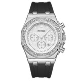 PINTIME Woman Watch Casuals Diamond Bezel Fashion Quartz Wristwatch Sports Silicone Strap Waterproof 3br Calendar Clock Reloj
