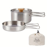 2pcs, Outdoor Mountaineering 304 Stainless Steel Foldable Handle Pot, Camping Portable Frying Pot And Soup Pot