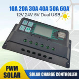 10A 20A 30A 40A PWM Solar Charge 12V 24V PV Regulator+LCD Display Dual Port Controller for Lead-Acid/Lithium Battery