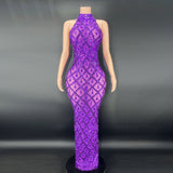 Sexy Shiny Water Diamond Silver Large Women's Evening Hanging Neck Fish Tail Long Dress Sleeveless