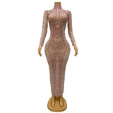 Novas New Hot Selling Female Singer Hosted by Long sleeved Small Diamond Sparkling Pattern Sexy Mesh Perspective