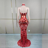 Luxury long with red temperament, chest wrapped backless, sexy waist cinched and slimming sequin evening dress