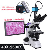 Professional Lab Biological HD Trinocular Microscope Zoom 2500X + 2/16MP Electronic Digital Camera USB HDMI VAG + 10-inch LCD