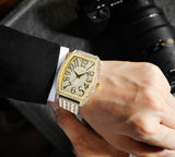 PINTIME Men Watch Iced Out Diamond Big Dia Barrel-Shaped Dial Hip Hop Relogios Fashion Quartz Wristwatch Waterproof Reloj Hombre