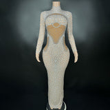 Elegant socialite luxury new sleeved tight fitting full hot stamping diamond perspective mesh stage long skirt