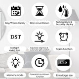 Large LED Wall Clock with Temp, Humidity, Date, Time, Week Display - Multifunctional Electronic Alarm Clock for Home Living Room