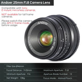 Andoer 85mm F1.8 Medium Telephoto Camera Large Aperture Full Frame Portrait Lens Manual Focus for Sony E-Mount Cameras