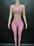 Nightclub bar party sexy red perspective mesh diamond tight jumpsuit for women's performance