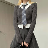Color Contrast Short Fashion Long Sleeve Girls' College Style Fake Two-piece Tie Shirt