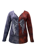 Women's Casual Fashion V-neck Pull Printed Long-sleeved Top T-shirt