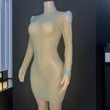 High end socialite sexy mesh full diamond dress, new autumn winter style slim fit long sleeved and hip wrapped short skirt