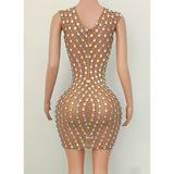New Fashion Short Dress Sexy Tight Mesh Perspective Temperament Wrapped Hips Full of Water Diamonds