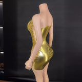 Host's temperament formal with waist cinched suspender for slimming effect, mesh perspective full diamond sexy zipper dress