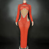Elegant socialite luxury new sleeved tight fitting full hot stamping diamond perspective mesh stage long skirt