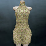 Novas new sky blue checkered diamond mesh fabric round neck sleeveless backless mini short dress