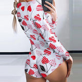 Printed Long-sleeved Pajamas Deep V Nightclub Tight Sexy Jumpsuit