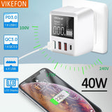 VIKEFON 40W Wall 4 Port With LED Display QC3.0 PD3.0 USB Fast Charger For iPhone 15 14 13 Huawei Xiaomi Samsung