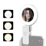 Portable Clip-on Ring for Phone w/ Mirror Modes 3 Levels Brighess 180° Rotatable Selfie Fill Light