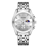 PINTIME Man Watch Waterproof 3Bar Casual Quartz Wristwatch Stainless Steel Strap Moon Phase Dial Work Chrono Function Clock Gift