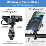 USB QC 3.0 36W Waterproof 12V/24V Motorcycle Phone Holder Mount on 22-32mm Handlebar Mirror Bar Fit 4-7 inch Cellphones