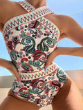 European And American One-piece New Swimsuit Knitted Belt Printed Halter