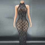 Sexy Shiny Water Diamond Silver Large Women's Evening Hanging Neck Fish Tail Long Dress Sleeveless