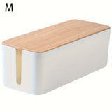 Bamboo CA management with top white organizer, cable corrector, power strip, surge protector, etc