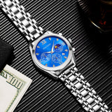 PINTIME Man Watch Waterproof 3Bar Casual Quartz Wristwatch Stainless Steel Strap Moon Phase Dial Work Chrono Function Clock Gift
