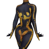 Special selling female star matching tight clothing with sexy slim fitting gloves design, gold gradient jumpsuit