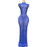 A sexy long dress with new style that is not transparent full of diamonds. It has a sleeveless and buttocks wrapped around the waist