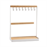 Tree Stand Organizer, 3 Tier Table Top Necklace Holder with Jewelry Tray Base, White Metal and Wood Basic