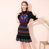Embroidered Lace Wrapping Fungus Edge Elastic Waist Solid Color Dress