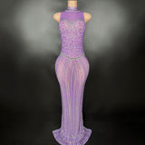 Fashionable socialite and actress temperament dress with sleeveless full diamond pattern purple gentle lady