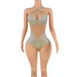 Hanging neck, sexy suspender, bikini color patchwork design, dazzling color, full diamond, super flash, girl group show and commercial dress