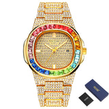 PINTIME Watch for Men Waterproof 3ATM Bling Iced Out Colored Diamond Case Fashion Quartz Wristwatch Stainless Steel Strap Clock