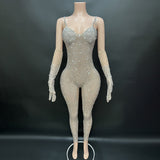 Jumpsuit coswear slim fit yoga exercise pants jumpsuit full diamond temperament tight fitting suit long sleeves
