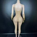 Sexy suspender, individual gloves, personalized design, full diamond, super flash stage runway jumpsuit, dropshipping