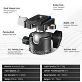 Metal Mini Ballhead H-35A Low Profile Camera Tripod Ball Head for Arca 1/4 Quick Release Plate for Tripod Monopod DSLR Camera