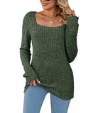 Square Collar Hollow Striped Brushed Casual Long Sleeve