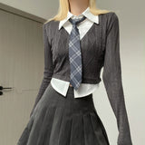 Color Contrast Short Fashion Long Sleeve Girls' College Style Fake Two-piece Tie Shirt