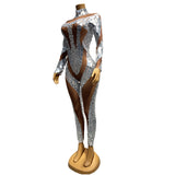 Skin tone perspective jumpsuit with reflective lens patchwork mesh high waisted zipper slim fit sports runway suit
