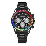 PINTIME Business Men's Watch Iced Out Diamond Stainless Steel Strap Luxury Color Quartz Wristwatch Waterproof Relogios Masculino