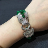 Micropaved Zircon Leopard Head Green Onyx Pearl Multi-Ring Bracelet