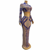 Crystal sparkling sleeved two-piece set, waist revealing women's long dress, sexy fishtail wrapped buttocks