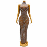 2024 Elegant Female Hostess Evening Dress Low key Side Split Full Diamond Pattern Long runway dress