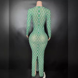 Temperament Female Singer Stage Dress Green Grid Deep V-Neck Sexy Wrapped Hip Tight Long Sleeves