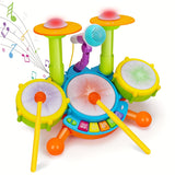 Kids Drum Set Musical Toys With 2 Drum Sticks Microphone Instruments Piano Light Up