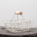 Wooden Handle Metal Retro Portable Multi-Function Vegetable Fruit Egg Groceries Practical Storage Basket Organizer White
