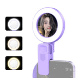 Portable Clip-on Ring for Phone w/ Mirror Modes 3 Levels Brighess 180° Rotatable Selfie Fill Light