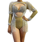 Fashionable hollow out female singer stage performance outfit with ultra short jumpsuit personality